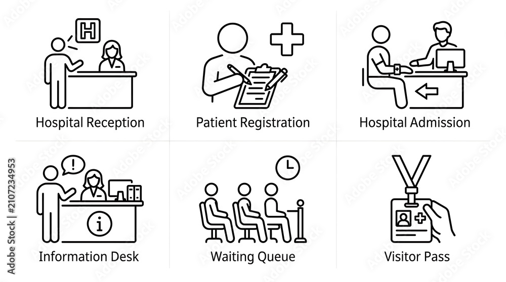 Fototapeta premium Hospital Reception and Patient Admission Line Icon Set