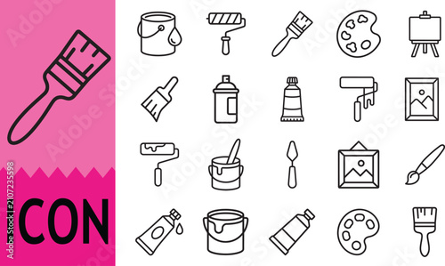 Set of art tools line icons, collection of painting linear pictograms.