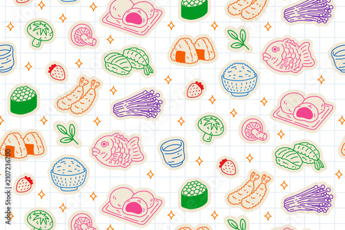 Seamless vector pattern filled with cute hand-drawn Japanese food doodles and colorful elements on a grid background. Perfect repeating textile print, wrapping paper design, cafe wallpaper