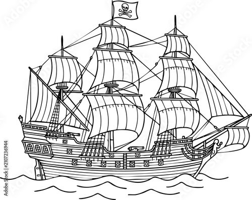 Картината върху платно Vintage style pirate ship with jolly roger flag sailing on ocean waves sea farin