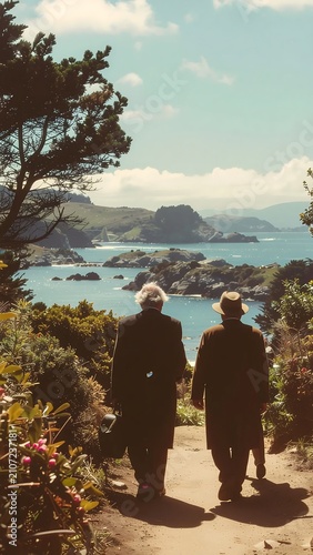 Couple enjoying scenic mountain viewpoint together.