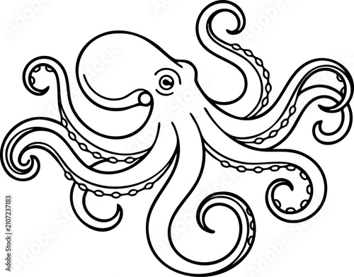 Detailed black and white line art of an octopus with sea life underwater world creature tentacles