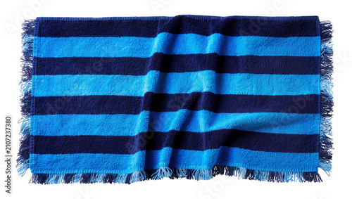 Obraz na plátně Isolated blue and dark blue striped beach towel with fringes, ready for summer h