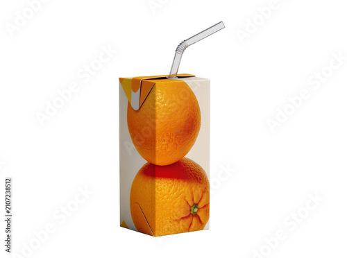 Isolated orange juice carton with straw, creative packaging designed as two stacked oranges