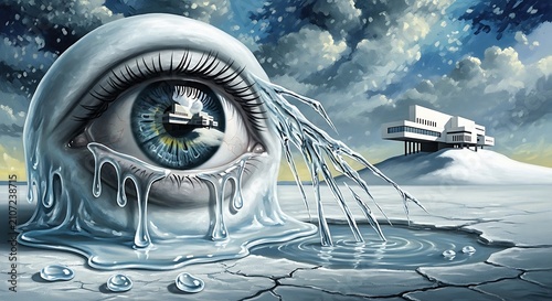 Surreal digital illustration of a crying eye with a melting face and a distant ship.