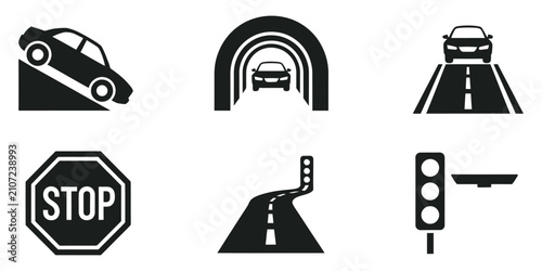 Foto Car Driving on Road Illustrations with Highway Overpass Traffic Flow and Stop Si