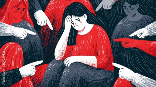 Depressed girl surrounded by pointing hands, illustrating bullying, discrimination, and inequality.