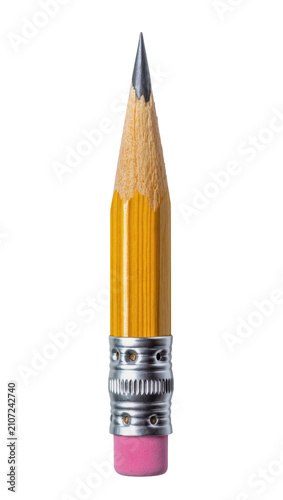 Isolated short yellow pencil with pink eraser and sharp graphite tip, school stationery supply