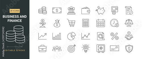 Business and finance line icon set with editable stroke. Banking, money, growth, analytics, and investment linear icons.