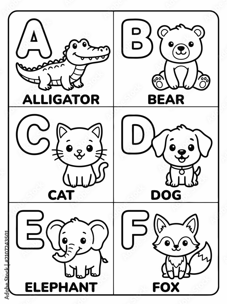 Fototapeta premium charming black and white line art alphabet animals for kids educational coloring pages featuring alligator, bear, cat, dog, elephant, fox