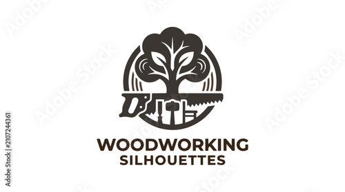A circular logo featuring a saw and tree silhouette inside, symbolizing the connection between nature, woodworking, and the craft of carpentry.