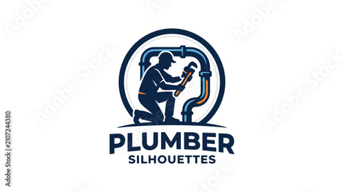 A silhouetted plumber kneeling and working on pipes with a wrench within a circular frame, signifying skilled plumbing services.