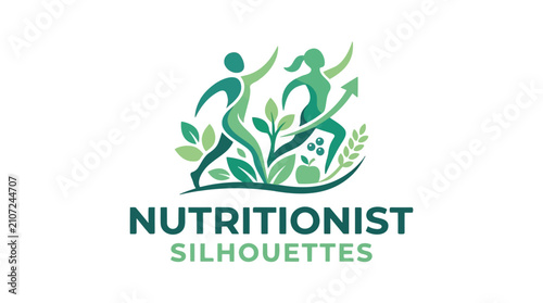 Silhouettes of a man and woman running alongside lush green foliage and an apple, symbolizing nutrition and health.