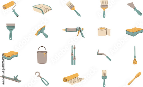 Foto Painting and renovation tools collection including brushes rollers putty knife sponges buckets and tape for home repair