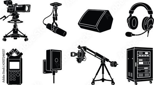 Broadcast and Video Production Equipment Silhouette Icon Set with Camera Microphone Headset and Studio Gear