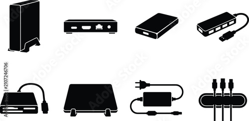 Computer Storage and Connectivity Devices Silhouette Icon Set with External Drives and USB Accessories