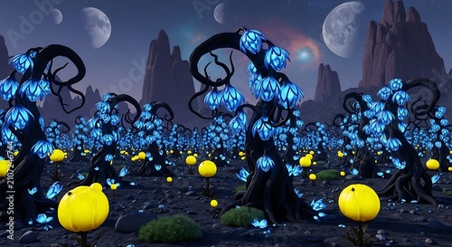 Surreal digital landscape featuring floating blue orbs and swirling black tendrils over a dark cityscape.
