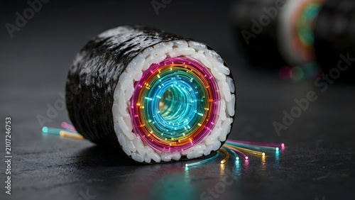 Cross section of optical fiber sushi roll with glowing rings – Perfect for high-speed data transmission, fiber optic communications, or digital art.