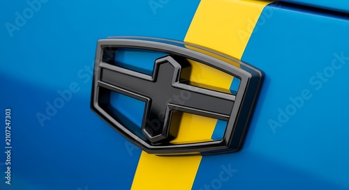 Close-up of a black metal emblem logo affixed to the hood of a vibrant blue sports car.