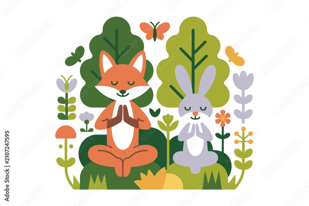 Naklejka premium Cute Fox and Rabbit Doing Yoga Meditation in Forest Vector Illustration Featuring Peaceful Animals Meditating Amidst Colorful Trees and Wildflowers