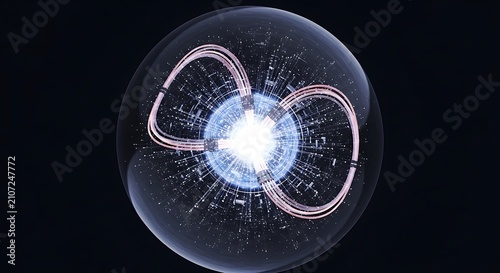 Abstract digital illustration of a glowing orb with swirling energy patterns radiating outward in a futuristic design.
