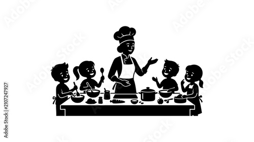 A chef teaching a group of children how to cook in a kitchen.