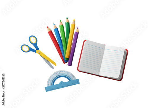 School supplies with notebook and colored pencils
