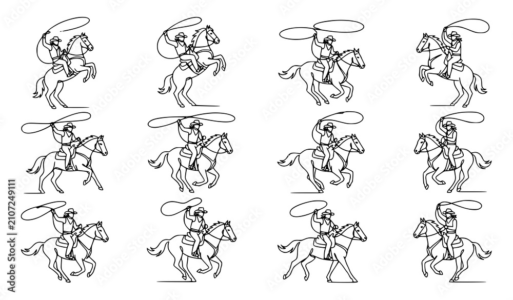Naklejka premium Continuous One Line Cowboy Riding Rearing Horse with Lasso Western Vector Collection
