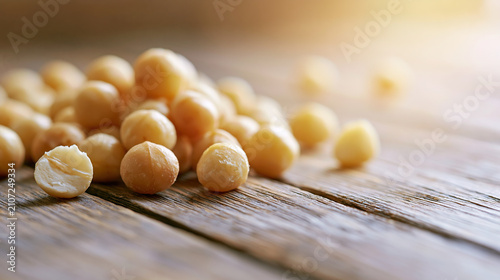 Close-up of roasted chickpeas on wooden surface