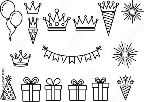 Outline set of birthday party vector icons featuring balloons crowns gift boxes hats and fireworks on transparent background.
