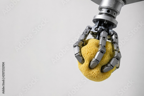 Robotic gripper squeezes a yellow sponge. Space for text.