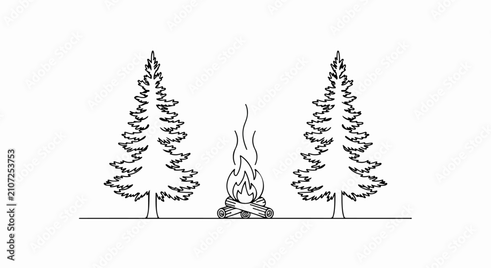 Obraz premium Campfire between two pine trees.