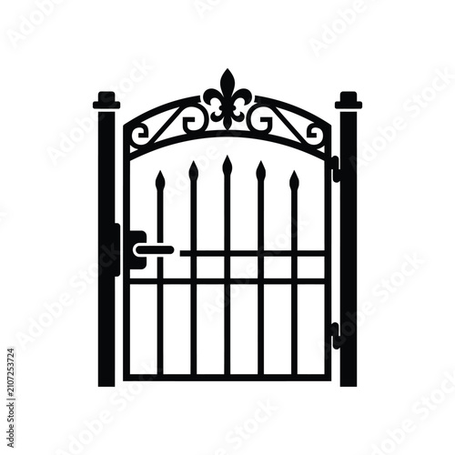 Fotografía Ornate black metal gate with decorative fleur-de-lis and scrolled top, represent