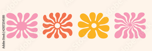 Groovy abstract flower art set. Organic doodle shapes in trendy naive retro hippie 60s 70s style. Floral botanic vector illustration