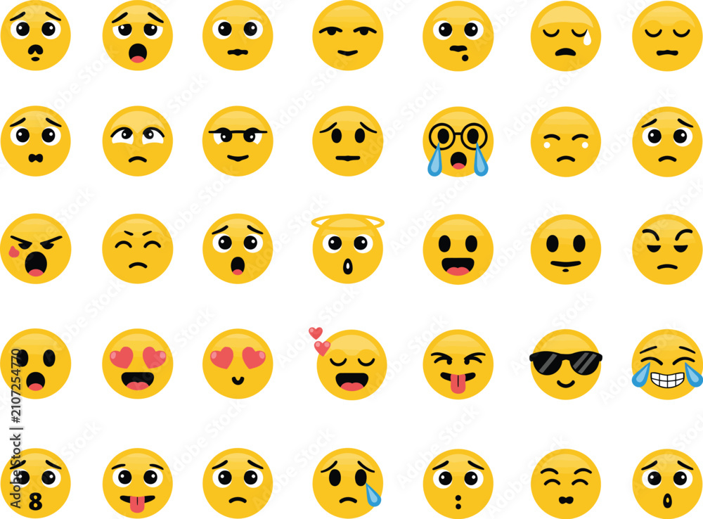 Fototapeta premium Emoji smile vector set, colorful cartoon emoticons with different emotions, reactions and facial expressions for messaging, apps and creative projects.