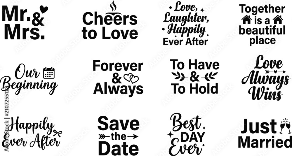 Obraz premium Wedding phrases and quotes collection elegant typography for invitations and celebratory decor