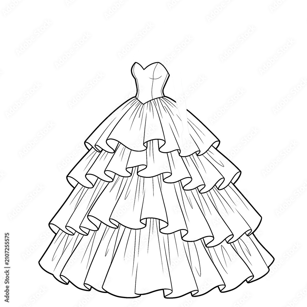 Fototapeta premium Hand drawn sketch of tiered ruffled skirt ball gown 3/4 isolated.