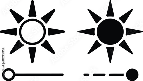 Obraz na płótnie Brightness control icon set, sun and slider adjustment symbols for brightness, contrast levels, interface controls and modern UI design