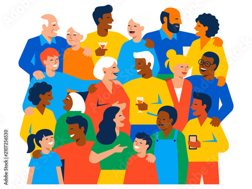 Foto Diverse community group of happy people, multicultural crowd of smiling men and