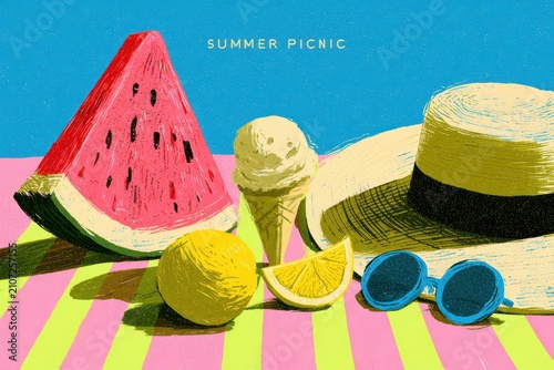 Summer picnic illustration with watermelon, ice cream, lemon, hat, and sunglasses on a striped blanket