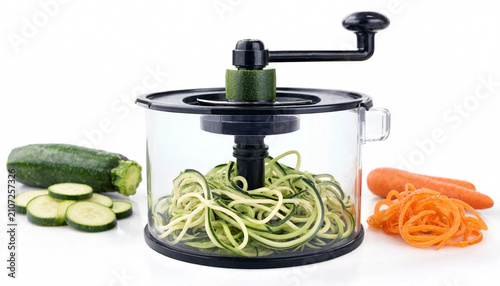 Vegetable spiralizer machine with a clear plastic container, black handle, and crank, surrounded by sliced zucchini and spiralized carrot ribbons
