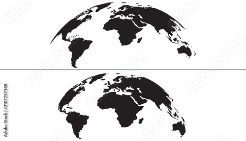 Curved world map silhouette, half globe of blue planet Earth, global business geography, worldwide international. Africa, Asia and America, Europe, Australia continents. Travel vector infographics