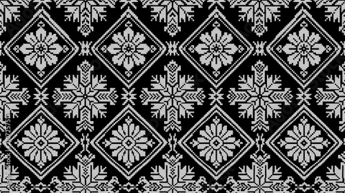 Картината върху платно Halftone Dither Pattern Vector with Retro Pixel Art Floral and Geometric Folk Mo