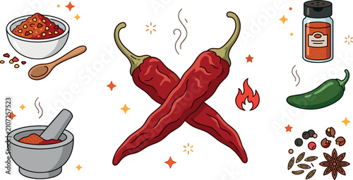 Foto Hot chili pepper vector set with dry spices powder bowl mortar pestle and spice