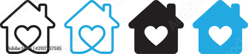 Four house icons with heart shapes in different colors and styles