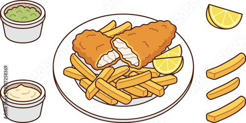 Quadro su tela Fish and chips vector set with mushy peas tartar sauce lemon wedges and golden f