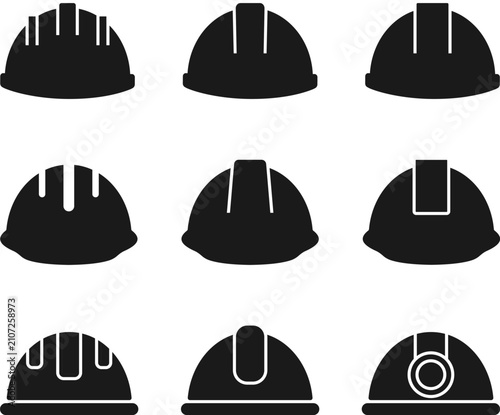 Construction safety helmet icons set hard hat black silhouettes engineering industrial workers protection equipment