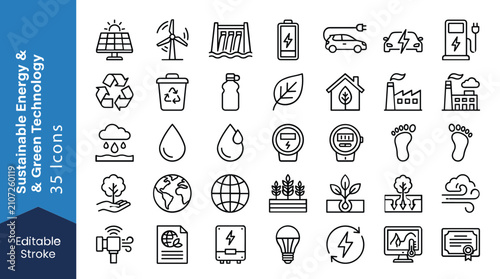Bild auf Leinwand Sustainable energy and green technology icons, 35 renewable energy vector line s