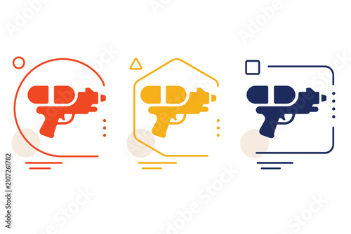 Water gun icon set features three vibrant color variations for summer leisure and play concepts.