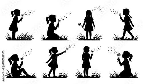 Young Girl Blowing Dandelion Seeds Black Silhouette Vector Set